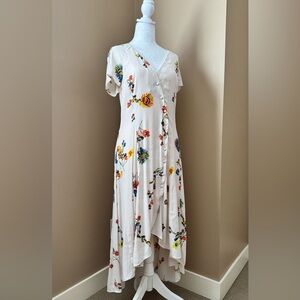 Free People White Floral Button-Front Midi Rayon Dress
